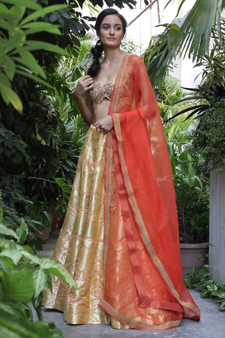 Buy_Geisha Designs_Orange Brocade Lehenga Set_Online_at_Aza_Fashions