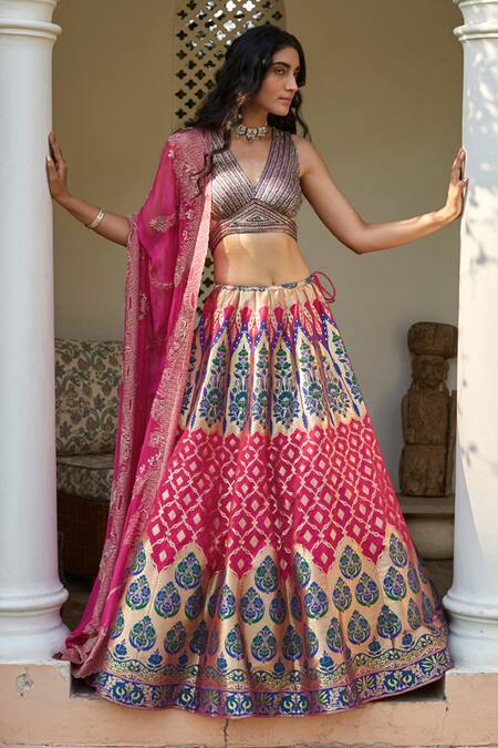 Geisha Designs Pink Brocade Bridal Lehenga Set Online at Aza Fashions Geisha Designs_Pink Brocade Bridal Lehenga Set _Online_at_Aza_Fashions