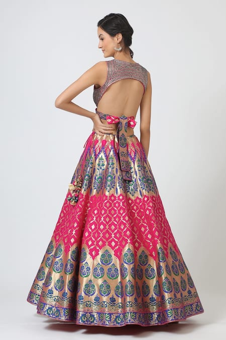 Shop Geisha Designs Pink Brocade Bridal Lehenga Set at Aza Fashions Shop_Geisha Designs_Pink Brocade Bridal Lehenga Set _at_Aza_Fashions