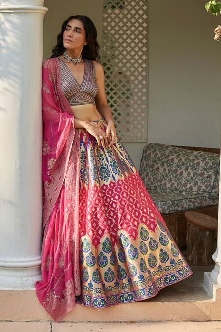 Buy Geisha Designs Pink Brocade Bridal Lehenga Set Online at Aza Fashions Buy_Geisha Designs_Pink Brocade Bridal Lehenga Set _Online_at_Aza_Fashions