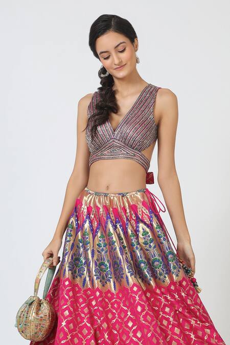 Geisha Designs Pink Brocade Bridal Lehenga Set at Aza Fashions Geisha Designs_Pink Brocade Bridal Lehenga Set _at_Aza_Fashions