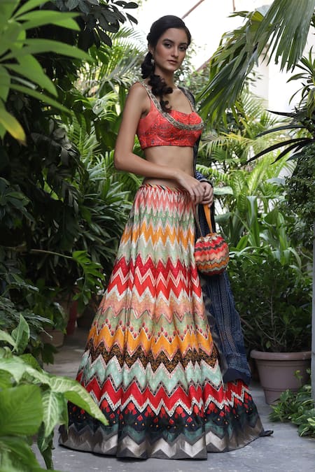 Geisha Designs_Multi Color Printed Lehenga Set _Online_at_Aza_Fashions