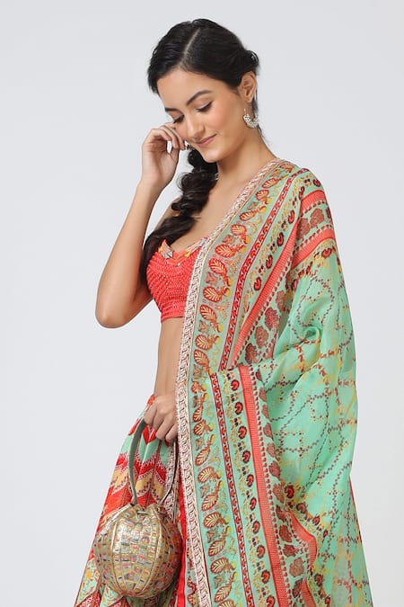 Geisha Designs_Orange Printed Lehenga Set _at_Aza_Fashions