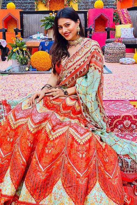 Buy_Geisha Designs_Orange Printed Lehenga Set _Online_at_Aza_Fashions