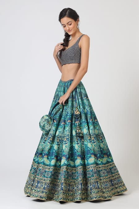 Geisha Designs_Blue Printed Lehenga Set _Online_at_Aza_Fashions