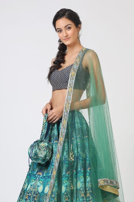 Geisha Designs_Blue Printed Lehenga Set _at_Aza_Fashions