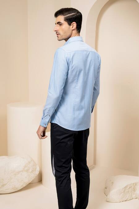 Shop Abkasa Blue Cotton Floral Embroidered Shirt at Aza Fashions Shop_Abkasa_Blue Cotton Floral Embroidered Shirt _at_Aza_Fashions