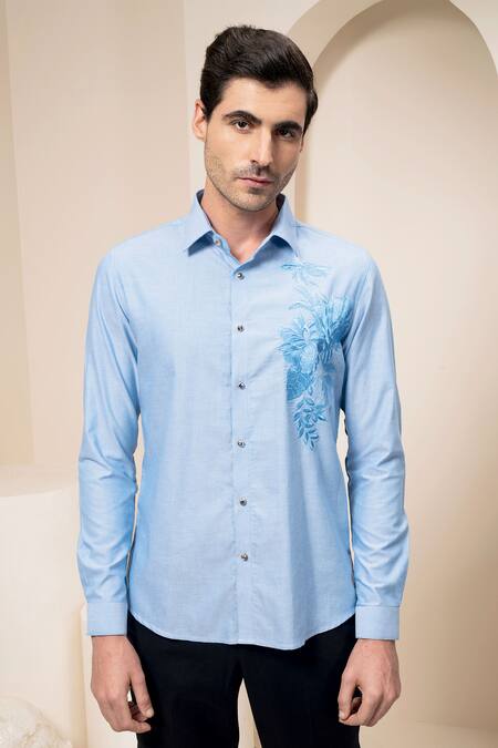 Buy Abkasa Blue Cotton Floral Embroidered Shirt Online at Aza Fashions Buy_Abkasa_Blue Cotton Floral Embroidered Shirt _Online_at_Aza_Fashions