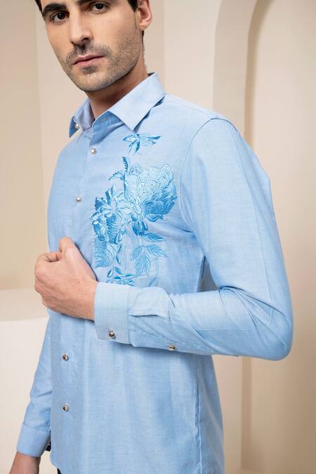 Shop Abkasa Blue Cotton Floral Embroidered Shirt Online at Aza Fashions Shop_Abkasa_Blue Cotton Floral Embroidered Shirt _Online_at_Aza_Fashions