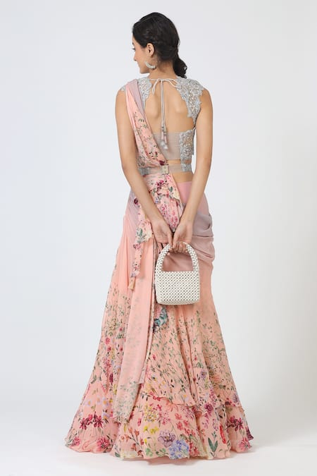 Shop Geisha Designs Pink Printed Lehenga Saree With Blouse at Aza Fashions Shop_Geisha Designs_Pink Printed Lehenga Saree With Blouse _at_Aza_Fashions