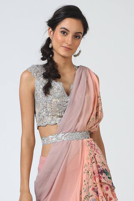 Shop Geisha Designs Pink Printed Lehenga Saree With Blouse Online at Aza Fashions Shop_Geisha Designs_Pink Printed Lehenga Saree With Blouse _Online_at_Aza_Fashions
