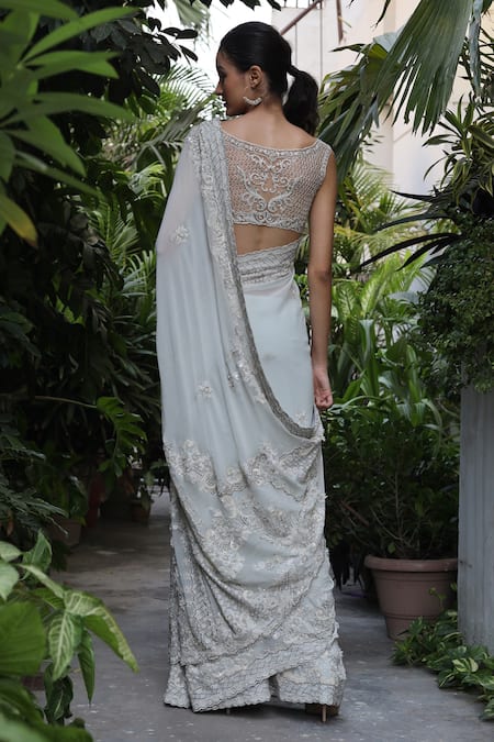 Shop Geisha Designs Blue Embroidered Saree With Blouse at Aza Fashions Shop_Geisha Designs_Blue Embroidered Saree With Blouse _at_Aza_Fashions