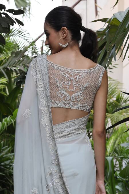 Shop Geisha Designs Blue Embroidered Saree With Blouse Online at Aza Fashions Shop_Geisha Designs_Blue Embroidered Saree With Blouse _Online_at_Aza_Fashions