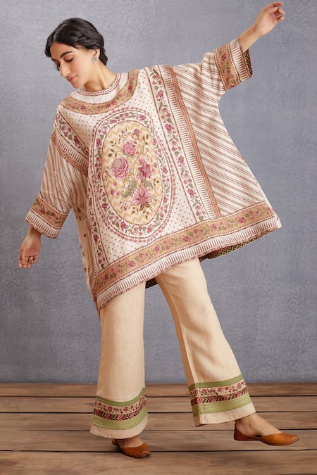 Torani_Beige Kaftan , Pant Cotton Silk Kasturi Zooni Kameez Set _Online_at_Aza_Fashions