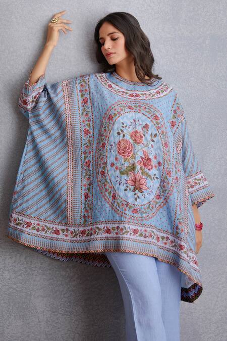 Torani_Blue Kaftan , Pant Cotton Silk Samsara Zooni Kameez Set _Online_at_Aza_Fashions