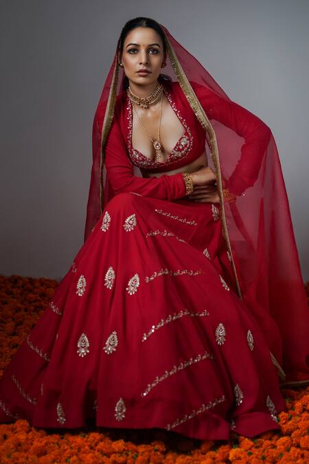 Shop_Rashi Jain_Red Viscose Georgette, Silk Organza Sequin And Raag Hand Embroidered Lehenga Set _Online_at_Aza_Fashions