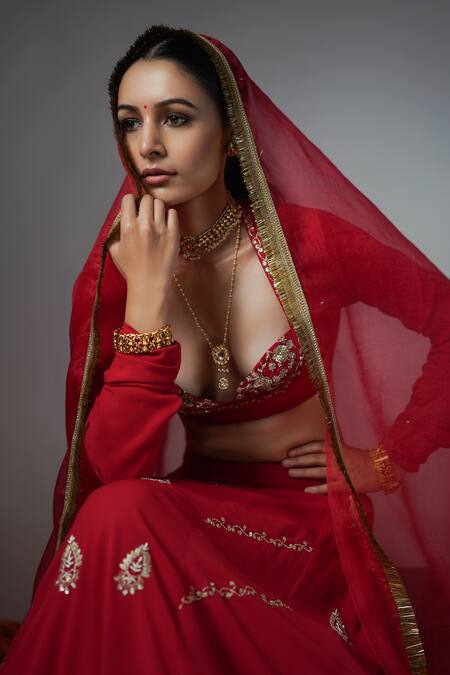 Rashi Jain_Red Viscose Georgette, Silk Organza Sequin And Raag Hand Embroidered Lehenga Set _at_Aza_Fashions