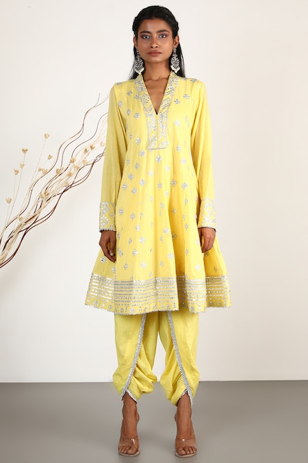 Gopi Vaid Yellow Anarkali Silk Dhoti V Embroidered And Pant 