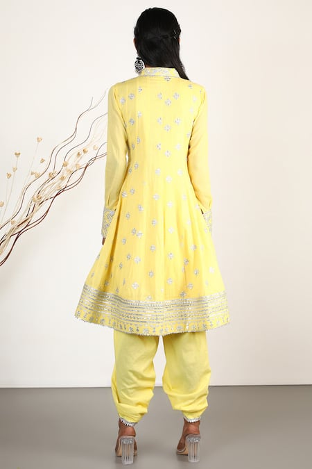 Shop_Gopi Vaid_Yellow Anarkali Silk Dhoti V Neck Embroidered And Pant _at_Aza_Fashions