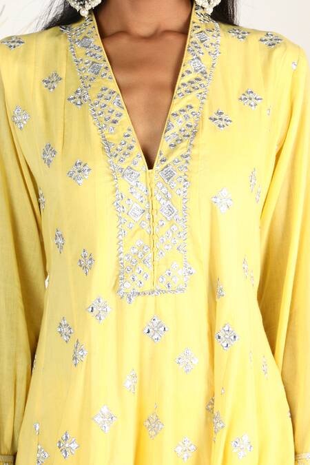 Buy_Gopi Vaid_Yellow Anarkali Silk Dhoti V Neck Embroidered And Pant _Online_at_Aza_Fashions