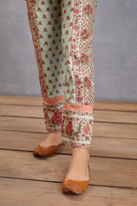 Shop_Torani_Green Silk, Silk Pant Voile, Kurta Jaituni Osha Set _Online_at_Aza_Fashions
