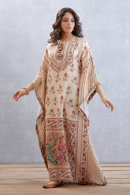 Buy_Torani_Beige Pure Linen Bird, Chintz Round Kasturi Aarfa Kaftan _Online_at_Aza_Fashions