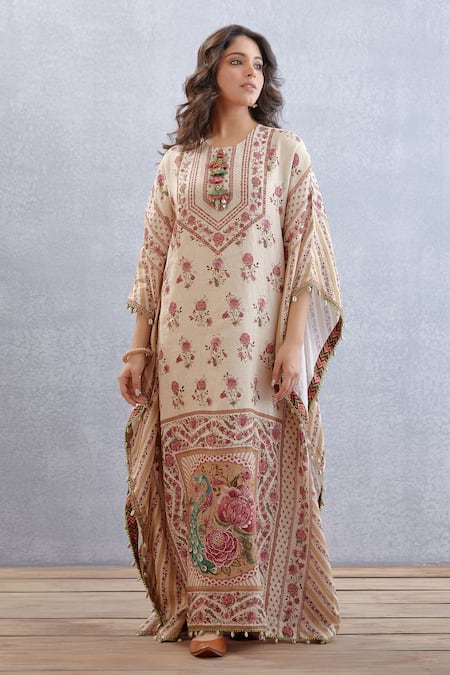 Torani_Beige Pure Linen Bird, Chintz Round Kasturi Aarfa Kaftan _Online_at_Aza_Fashions