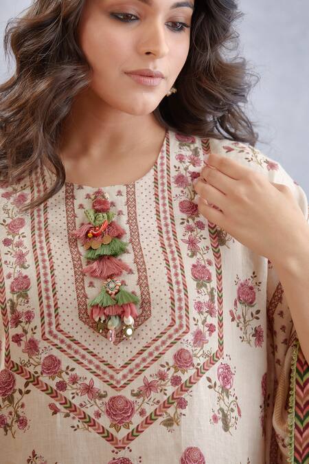 Shop_Torani_Beige Pure Linen Bird, Chintz Round Kasturi Aarfa Kaftan _Online_at_Aza_Fashions