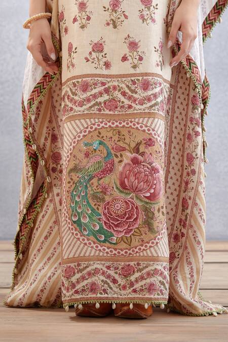 Torani_Beige Pure Linen Bird, Chintz Round Kasturi Aarfa Kaftan _at_Aza_Fashions