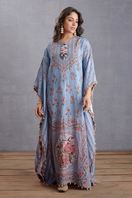 Torani_Blue Pure Linen Bird, Chintz Round Samsara Aarfa Kaftan _Online_at_Aza_Fashions