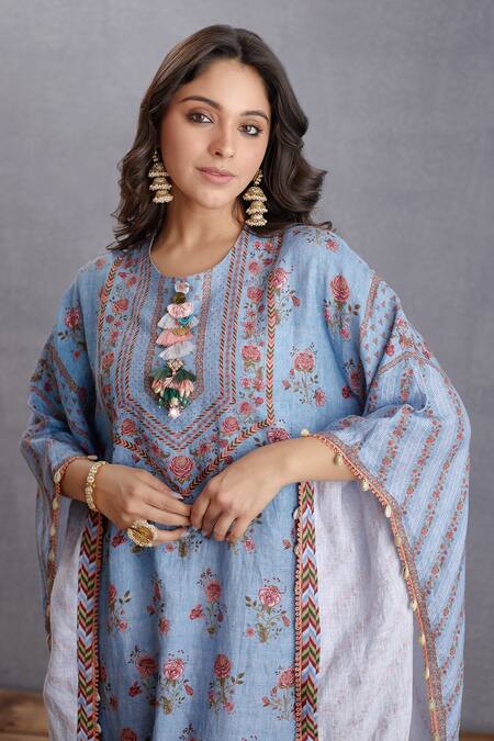 Shop_Torani_Blue Pure Linen Bird, Chintz Round Samsara Aarfa Kaftan _Online_at_Aza_Fashions