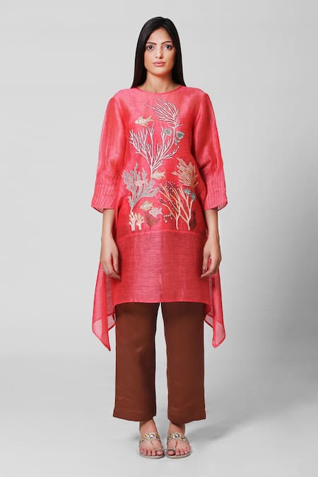 Oja Red 30% Silk, 70% Linen Round Kurta And Pant Set