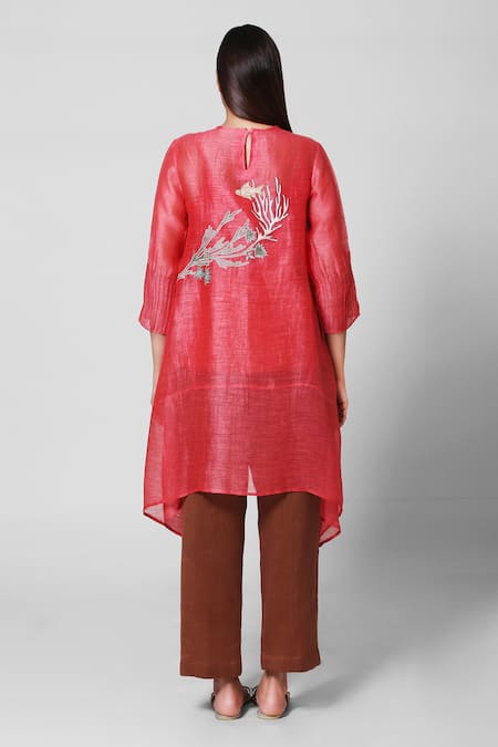 Shop Oja Red 30% Silk, 70% Linen Round Kurta And Pant Set at Aza Fashions Shop_Oja_Red 30% Silk, 70% Linen Round Kurta And Pant Set _at_Aza_Fashions