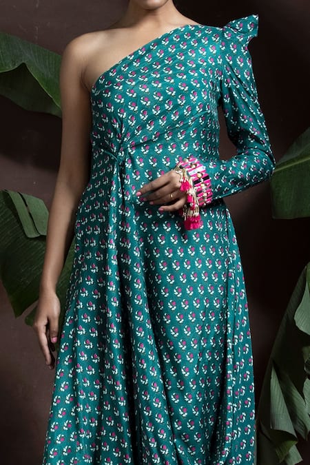 Yogita Kadam_Green Muslin Printed One Shoulder Cowl Dress_Online_at_Aza_Fashions