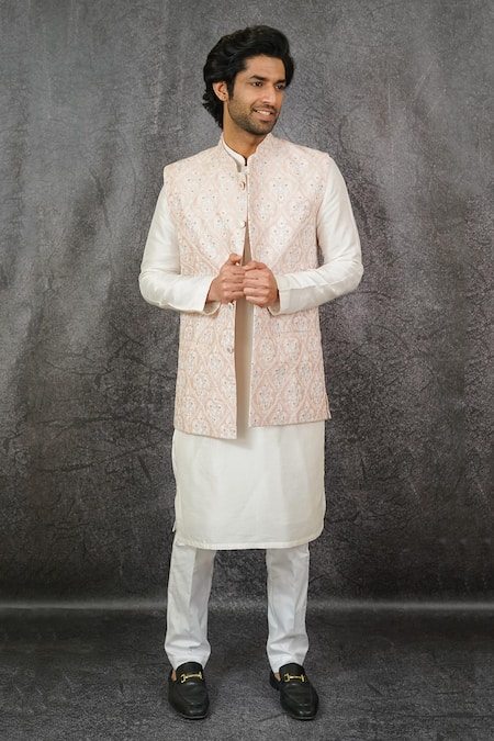 Kasbah Beige Slub Silk Embroidered Floral Jaal Pattern Nehru Jacket 