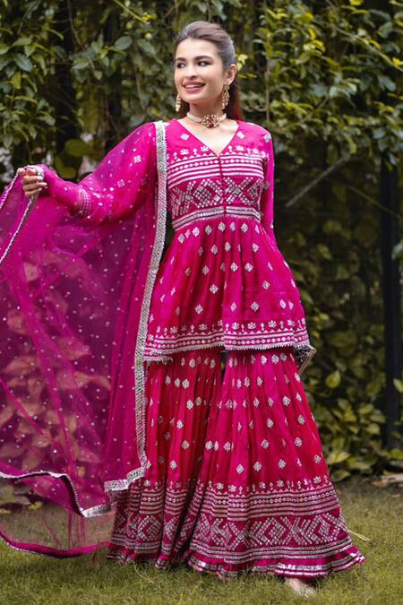 Gopi Vaid_Pink Tunic And Sharara Cotton Silk Dupatta Net V Neck Peplum Set _Online_at_Aza_Fashions