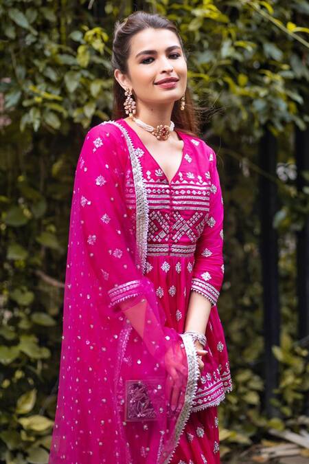 Shop_Gopi Vaid_Pink Tunic And Sharara Cotton Silk Dupatta Net V Neck Peplum Set _Online_at_Aza_Fashions