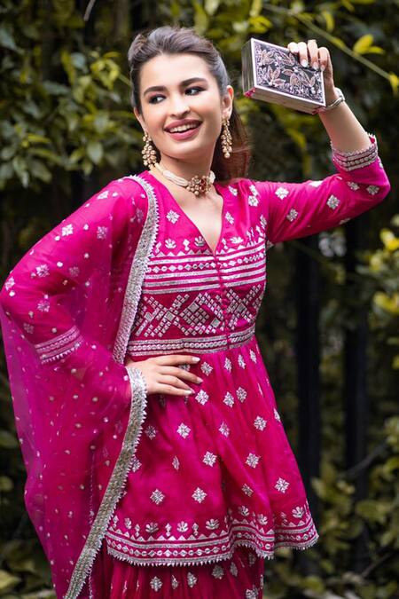 Gopi Vaid_Pink Tunic And Sharara Cotton Silk Dupatta Net V Neck Peplum Set _at_Aza_Fashions