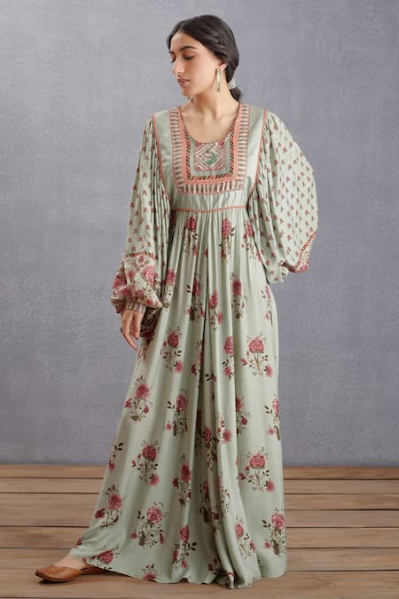 Torani_Green Cotton Silk, Handwoven Chanderi Chintz Round Jaituni Lalika Ghera Dress _Online_at_Aza_Fashions