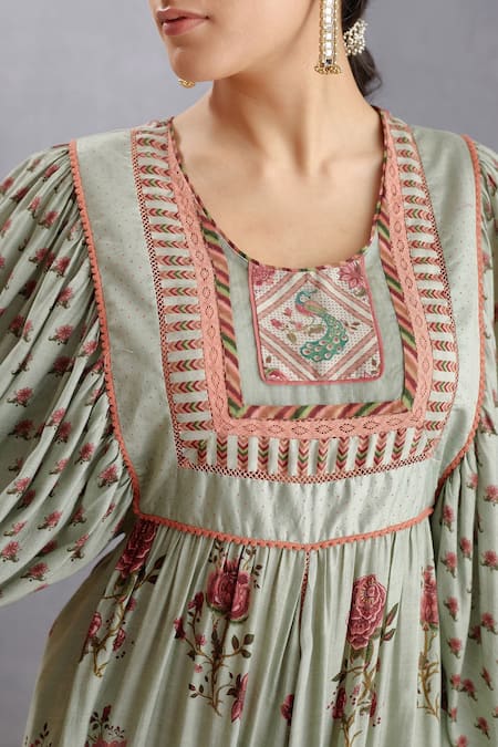 Shop_Torani_Green Cotton Silk, Handwoven Chanderi Chintz Round Jaituni Lalika Ghera Dress _Online_at_Aza_Fashions