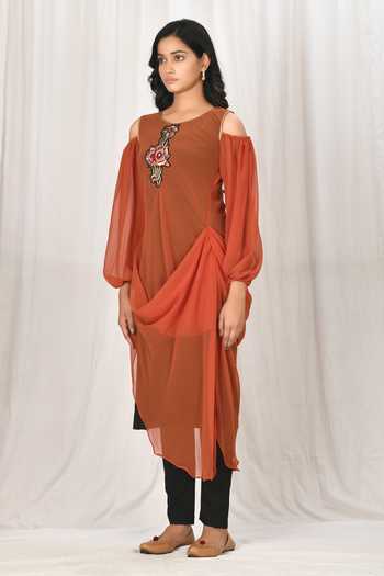 Buy_Naintara Bajaj_Brown Georgette Patchwork Round Cold Shoulder Kurta _Online_at_Aza_Fashions