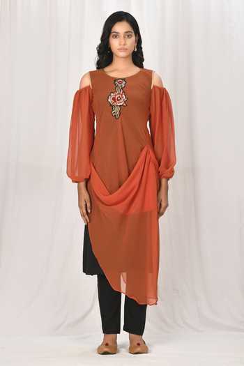 Shop_Naintara Bajaj_Brown Georgette Patchwork Round Cold Shoulder Kurta _Online_at_Aza_Fashions
