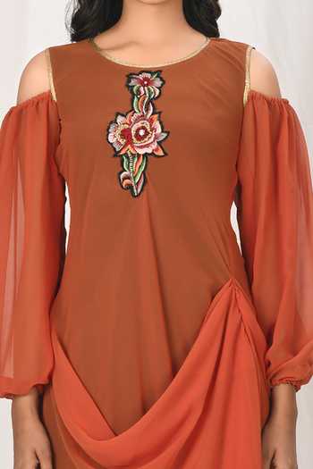 Naintara Bajaj_Brown Georgette Patchwork Round Cold Shoulder Kurta _at_Aza_Fashions