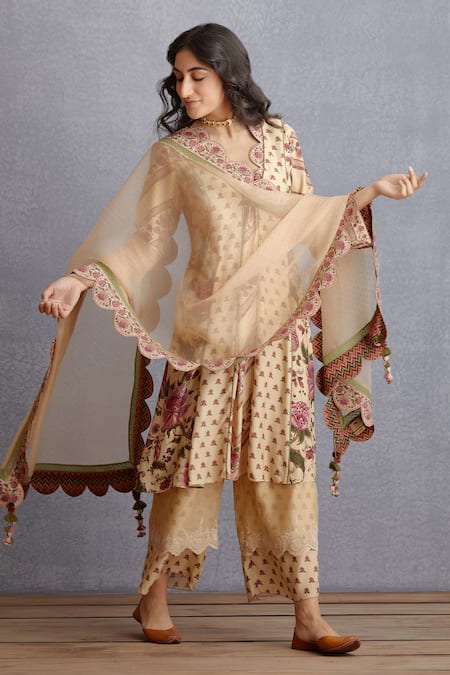 Buy_Torani_Beige Cotton  Dupatta Organza, Kurta And Pant Kasturi Virika Set _Online_at_Aza_Fashions