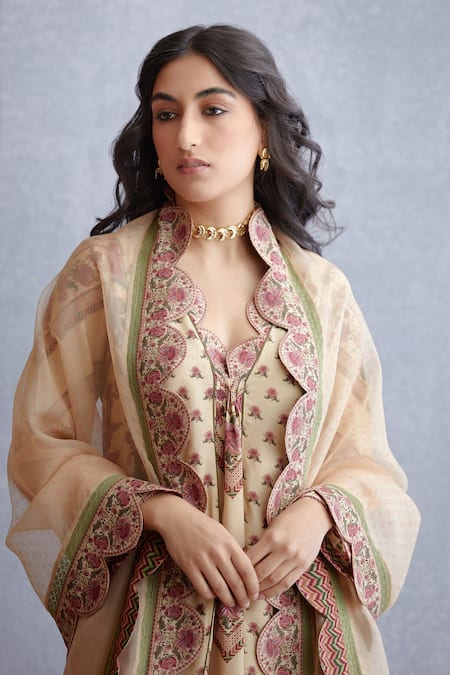 Shop_Torani_Beige Cotton  Dupatta Organza, Kurta And Pant Kasturi Virika Set _Online_at_Aza_Fashions