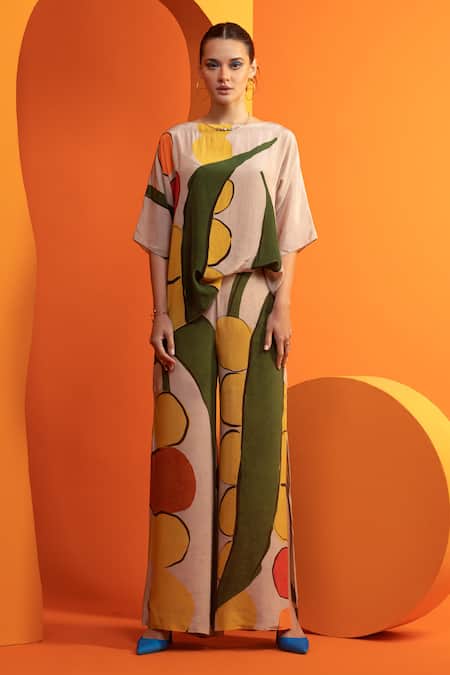 Nautanky_Beige Cotton, Crepe Boat Neck Abstract Geometric Print Boxy Top And Pant Set _Online_at_Aza_Fashions