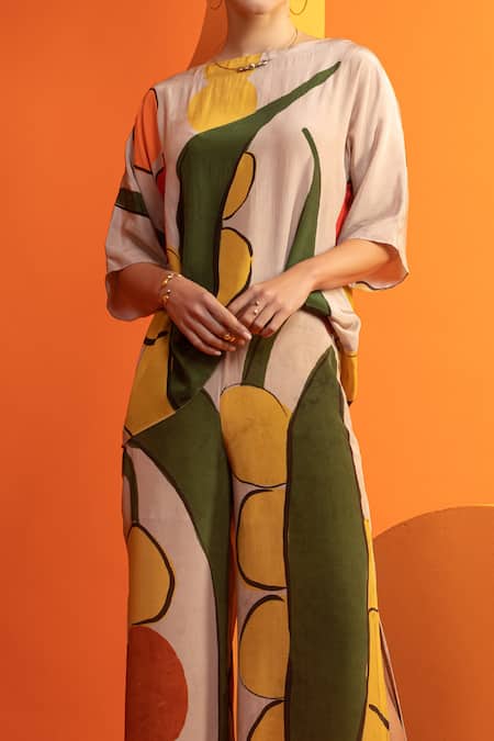 Buy_Nautanky_Beige Cotton, Crepe Boat Neck Abstract Geometric Print Boxy Top And Pant Set _Online_at_Aza_Fashions