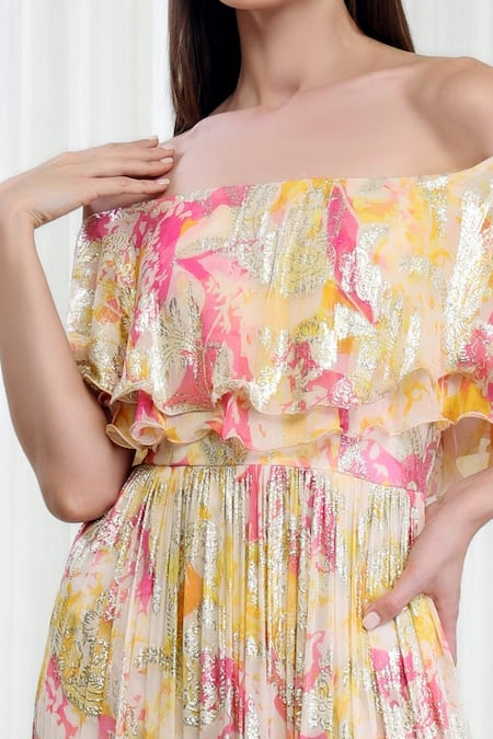 Mandira Wirk Resort Multi Color Chiffon, Brocade Embroidery Off-shoulder Daisy Print Tiered Dress Online at Aza Fashions Mandira Wirk Resort_Multi Color Chiffon, Brocade Embroidery Off-shoulder Daisy Print Tiered Dress _Online_at_Aza_Fashions