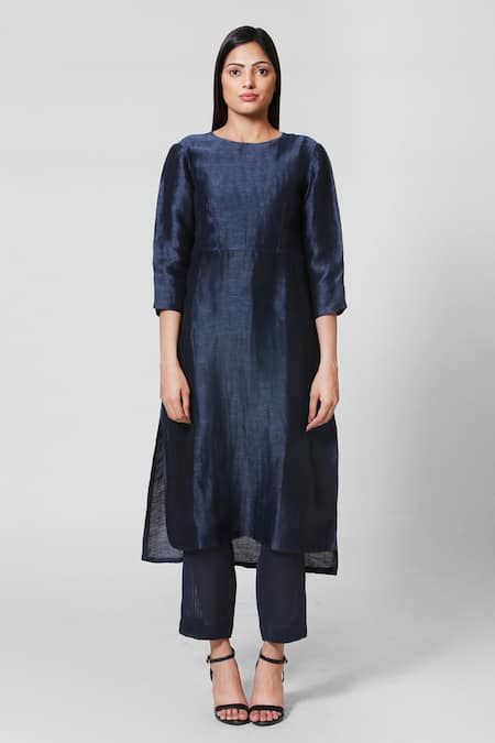 Oja Blue 30% Silk, 70% Linen Boat Kurta And Pant Set