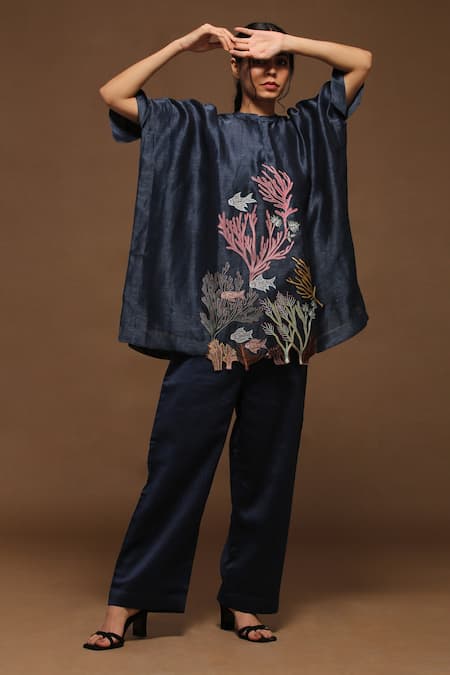 Oja Blue Kaftan Tunic Handloom Silk, Pant Textured Leaf, Fish And Set 